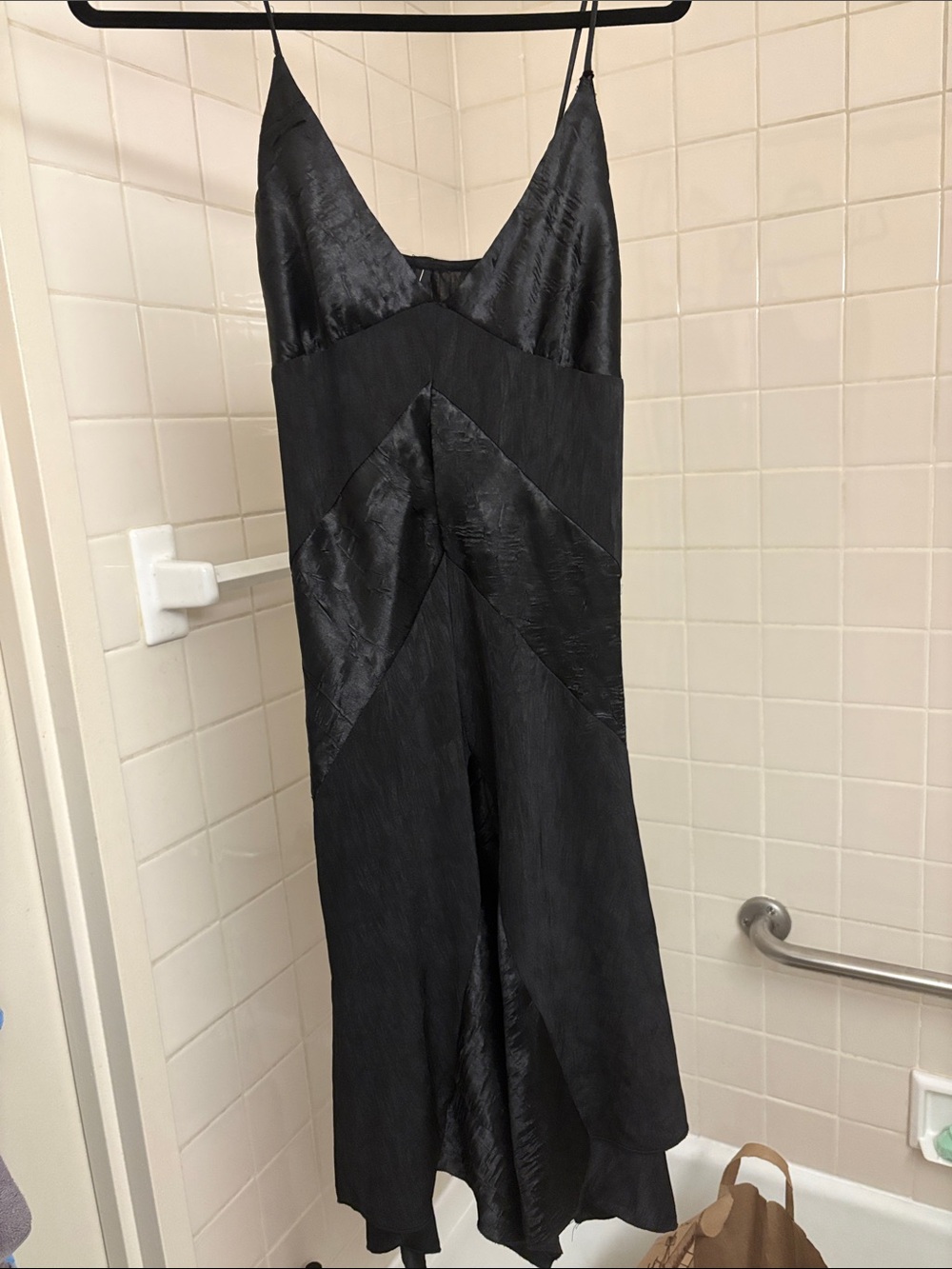 Black Satin-Panel Midi Slip Dress with V-Neck